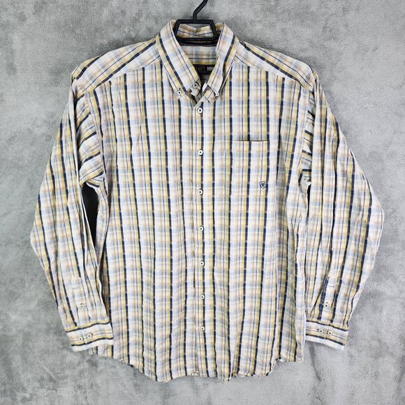 Mens Ariat Blue Yellow Plaid Shirt Long Sleeve Button Down Long Sleeve Size XLT - Picture 2 of 9